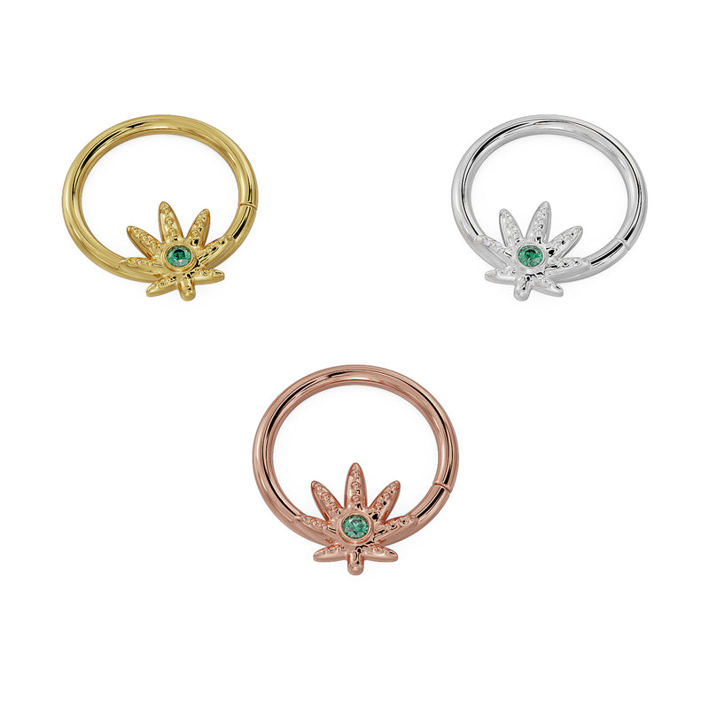 Emerald marijuana leaf 14K seamless hoop shown in yellow gold, white gold, and rose gold at smaller scale