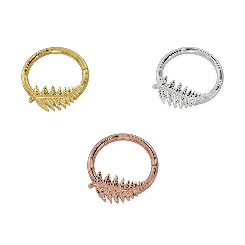 Three-color comparison of fern leaf seam ring in 14K yellow, white, and rose gold angled view