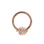 14K rose gold monstera seam ring with leaf charm at bottom, larger hoop diameter front view