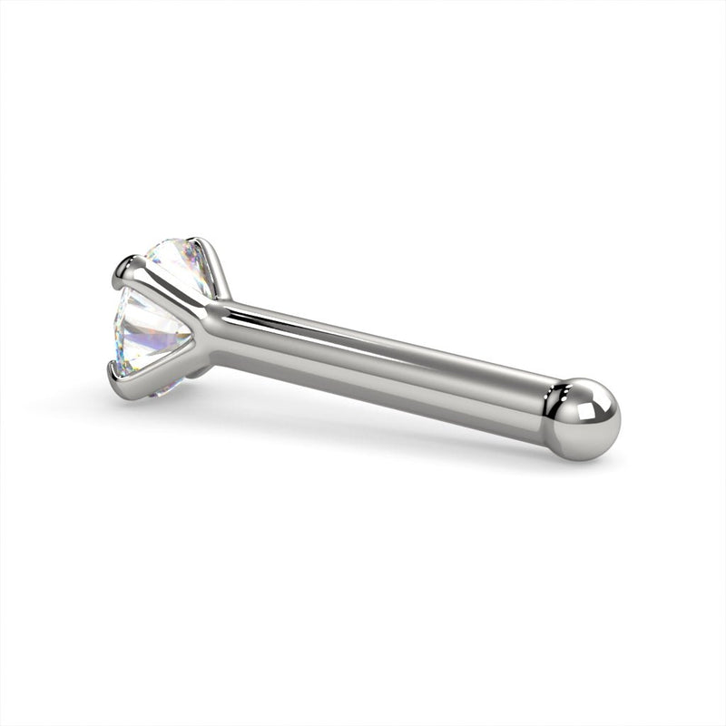 14k white gold 2.5mm diamond bone nose stud, side profile showing ball end backing and post length