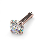 14k rose gold 2.5mm diamond bone nose stud, angled view with ball end and rose gold prong setting