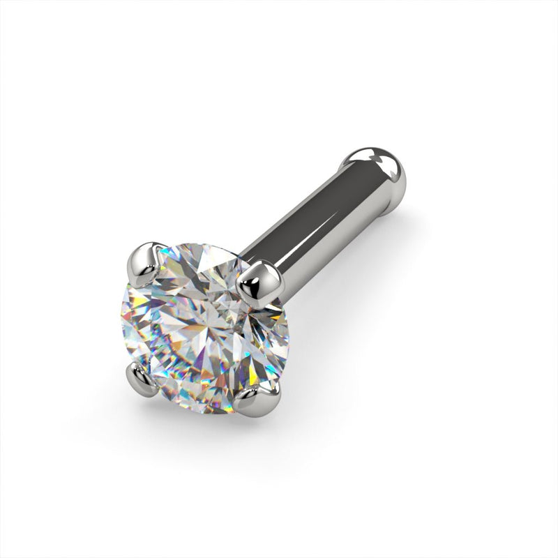 Platinum 2.5mm diamond bone nose stud, angled view showing ball end and bright platinum prong setting
