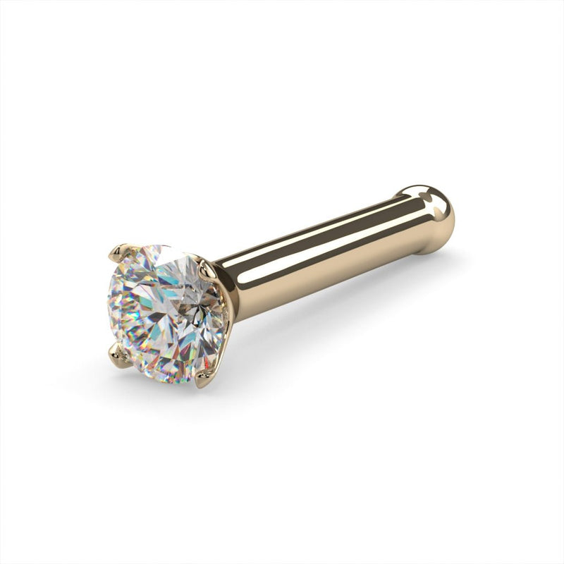 14k yellow gold 2mm diamond bone nose ring 18G, angled view with straight post and ball end