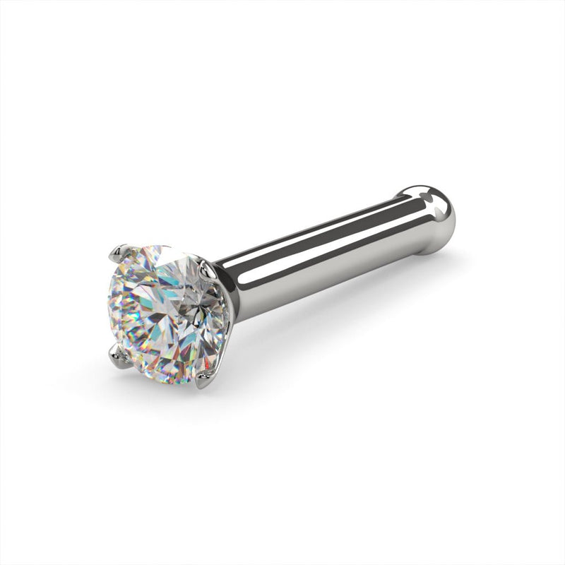 14k white gold 2mm diamond bone nose ring 18G, angled view showing straight post and ball end