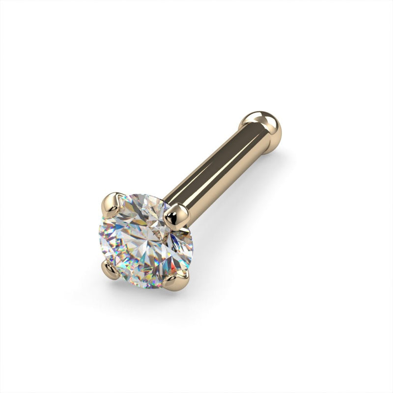 14k yellow gold 2mm diamond bone nose ring 20G, front-angled view showing diamond and ball end