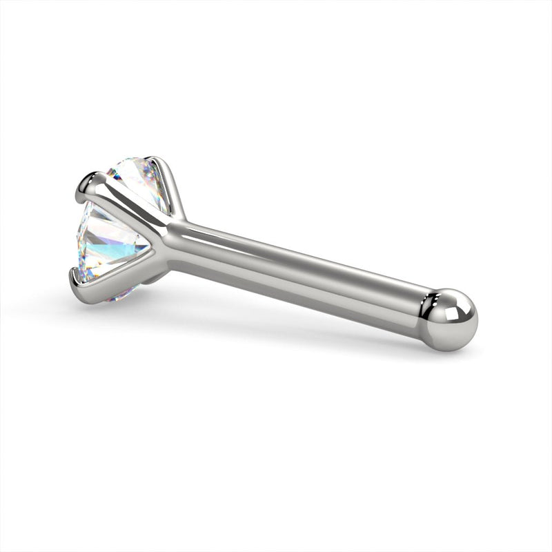 Side view of platinum 3mm diamond bone nose stud showing ball end, straight post, and prong profile