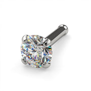 Platinum 3mm diamond bone nose stud, angled close-up showing four-prong setting and ball end post