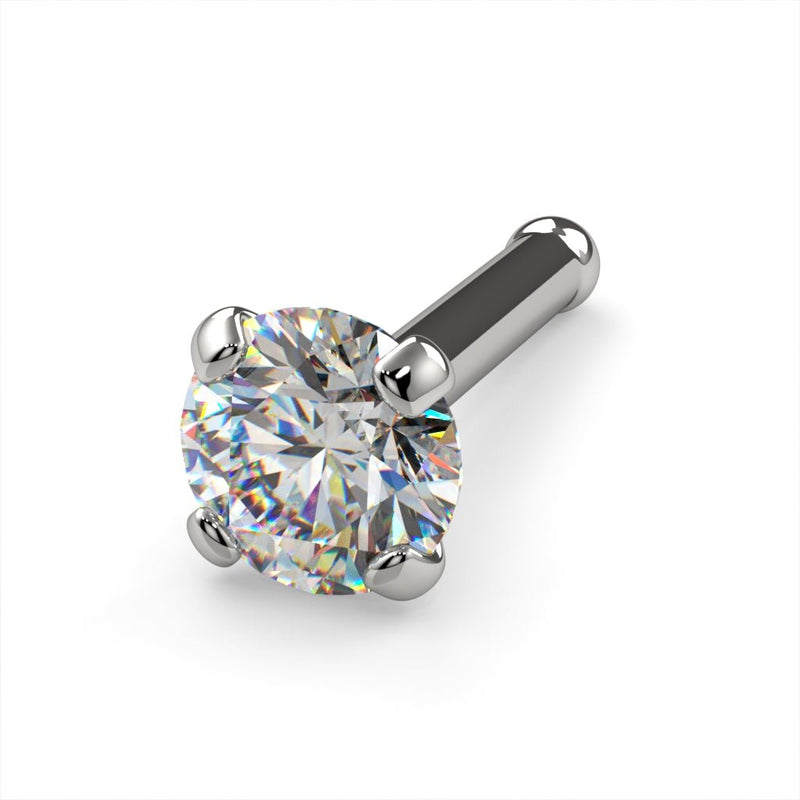Platinum 3mm diamond bone nose stud, angled close-up showing four-prong setting and ball end post