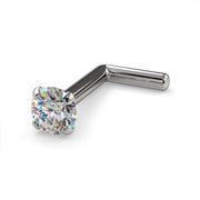 Platinum 2.5mm diamond L post nose stud, angled view showing L-bend post and prong-set diamond