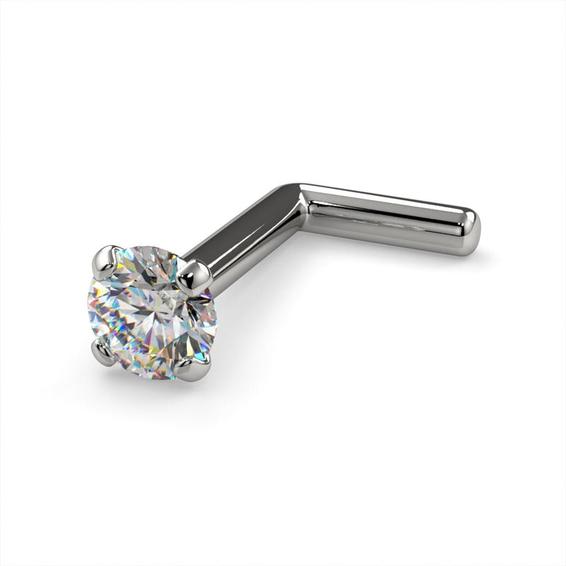 Platinum 2.5mm diamond L post nose stud, angled view showing L-bend post and prong-set diamond