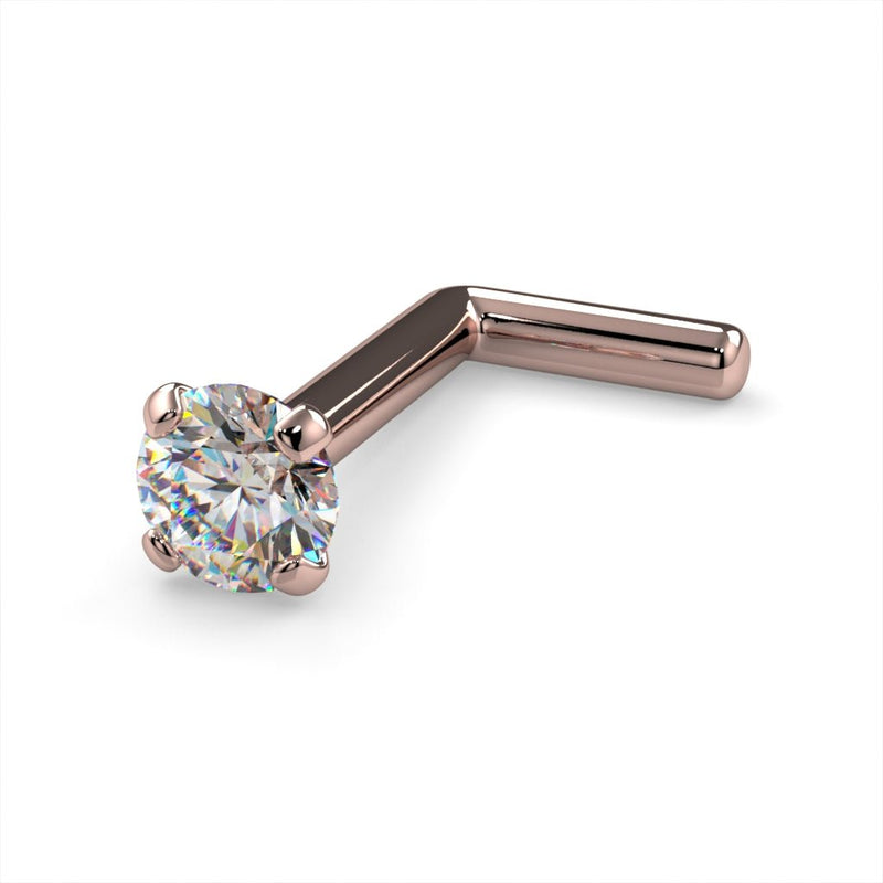 14k rose gold 2.5mm diamond L post nose stud, angled view showing L-bend and rose gold prong setting