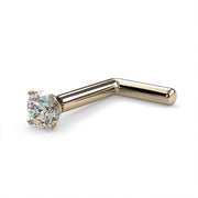 14k yellow gold 2mm diamond L-post nose ring 18G, angled view with warm gold L-shaped post