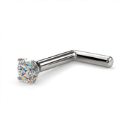14k white gold 2mm diamond L-post nose ring 18G, angled view showing right-angle bend and diamond