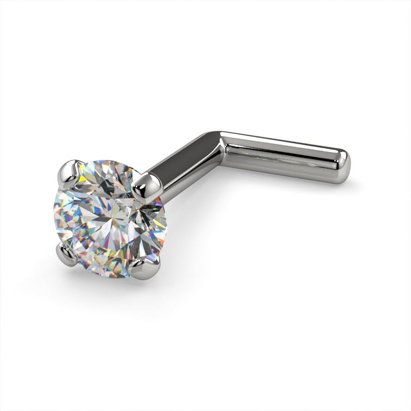 Platinum 3mm diamond L post nose stud, front-angled view highlighting VS1 diamond and L-bend post style
