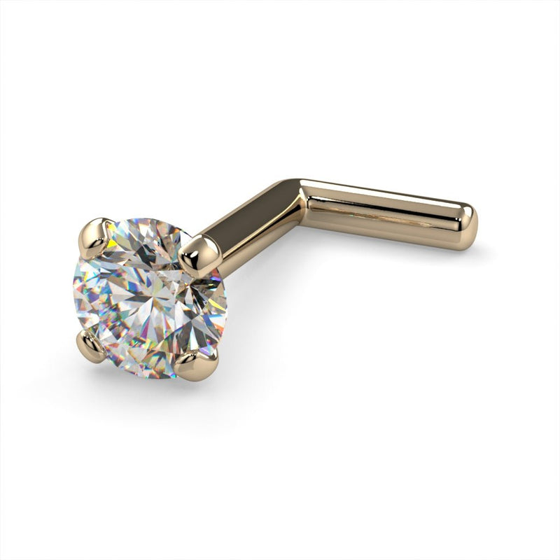 14k yellow gold 3mm diamond L post nose stud, angled view showing warm gold setting and L-shaped post