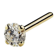 14k yellow gold 2.5mm diamond straight pin post nose stud, angled view showing plain post and stone