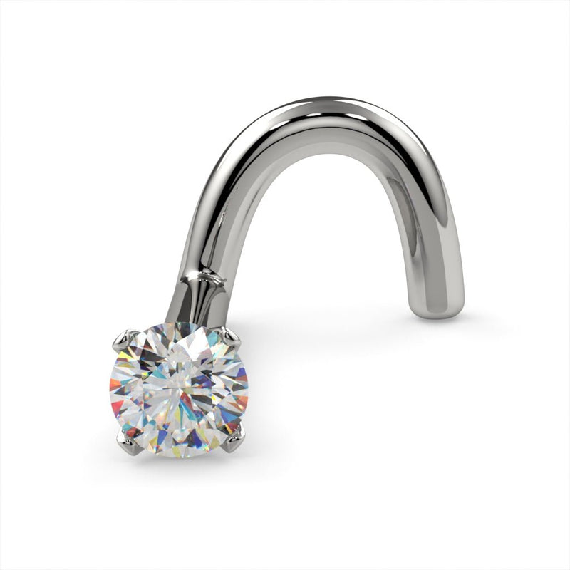 14k white gold 2mm diamond nose ring twist style, angled view showing curved post and prong setting