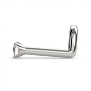 Side profile of 14k white gold 2mm diamond L-post nose ring showing straight post and angled bend