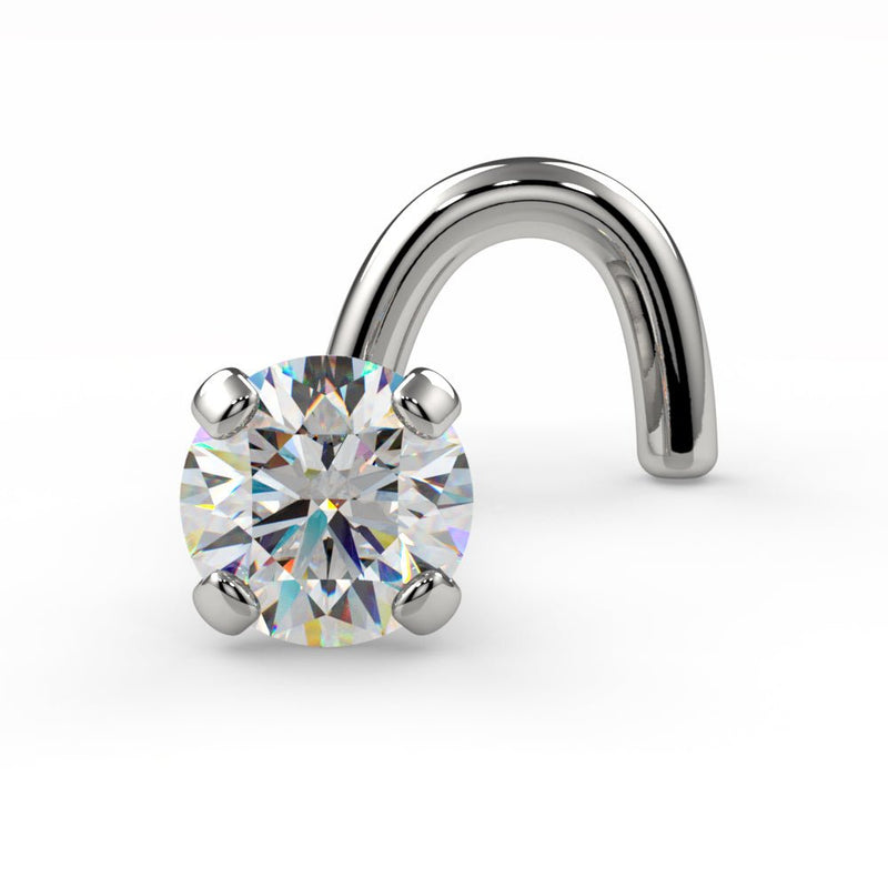 Platinum 3mm diamond twist nose ring stud, angled front view showing VS1 diamond in four-prong setting