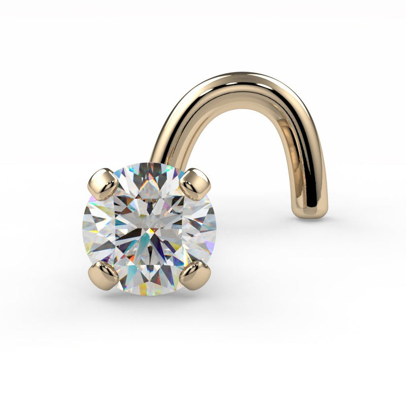 14k yellow gold 3mm diamond twist nose stud, angled front view highlighting warm gold prong setting