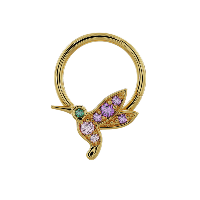 14K yellow gold hummingbird seam ring angled left, showing gemstone wing and body detail