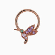 14K rose gold hummingbird seam ring angled left, highlighting multi-gemstone hummingbird charm