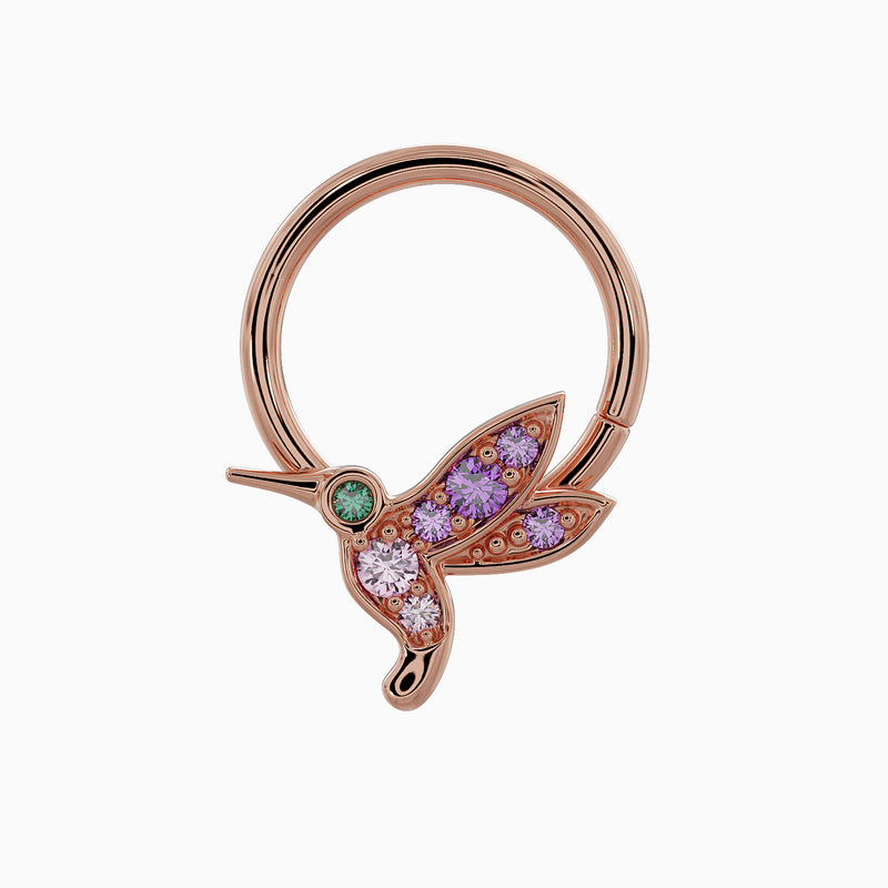 14K rose gold hummingbird seam ring angled left, highlighting multi-gemstone hummingbird charm