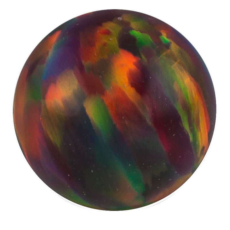 Dark red synthetic opal 14k gold replacement ball showing deep rainbow fire in black base