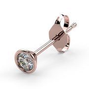 14K rose gold bezel diamond stud earring, angled view showing sparkly diamond, cone setting, and push-back