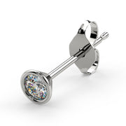 14K white gold bezel diamond stud earring, angled view showing cone setting, post, and butterfly back