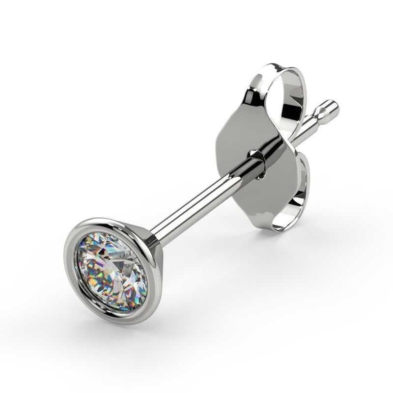 14K white gold bezel diamond stud earring, angled view showing cone setting, post, and butterfly back