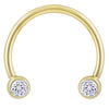 14k yellow gold circular barbell with dual bezel-set CZ ends, front view on white background