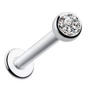 14k white gold flat back labret with 2.5mm CZ bezel setting, angled product view