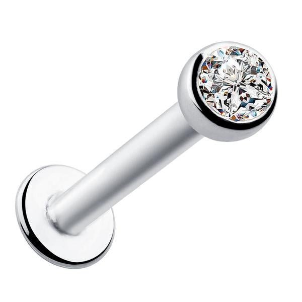 14k white gold flat back labret with 2.5mm CZ bezel setting, angled product view