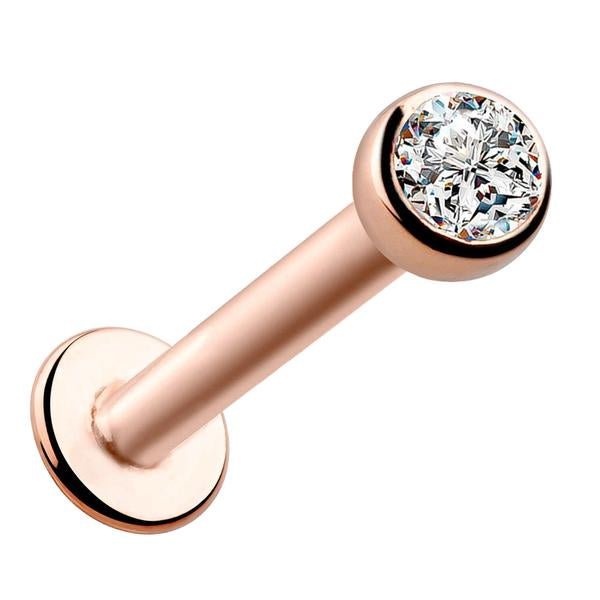 14k rose gold flat back labret with 2.5mm CZ bezel setting, angled product view
