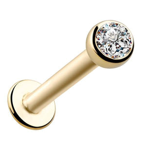 14k yellow gold flat back labret with 2.5mm CZ bezel setting, angled product view