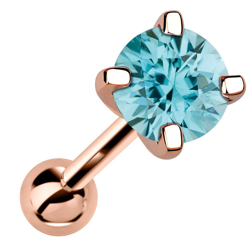 14k rose gold 5mm genuine aquamarine cartilage stud with teal stone, angled product view