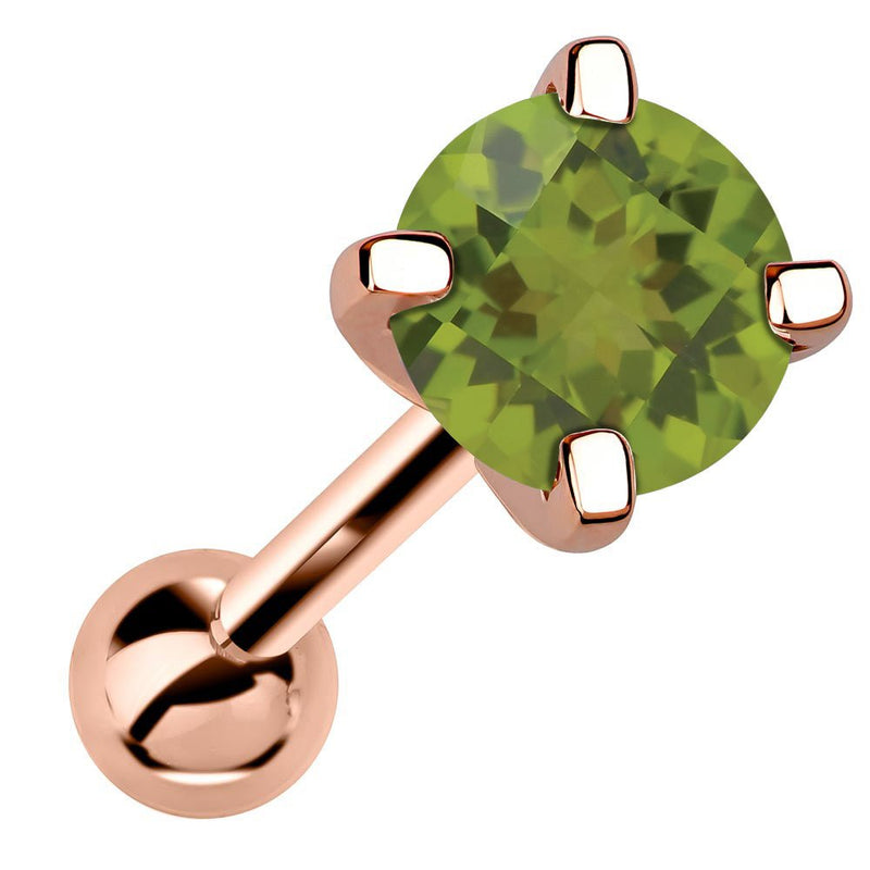 14k rose gold 5mm genuine peridot cartilage stud with green stone, angled product view