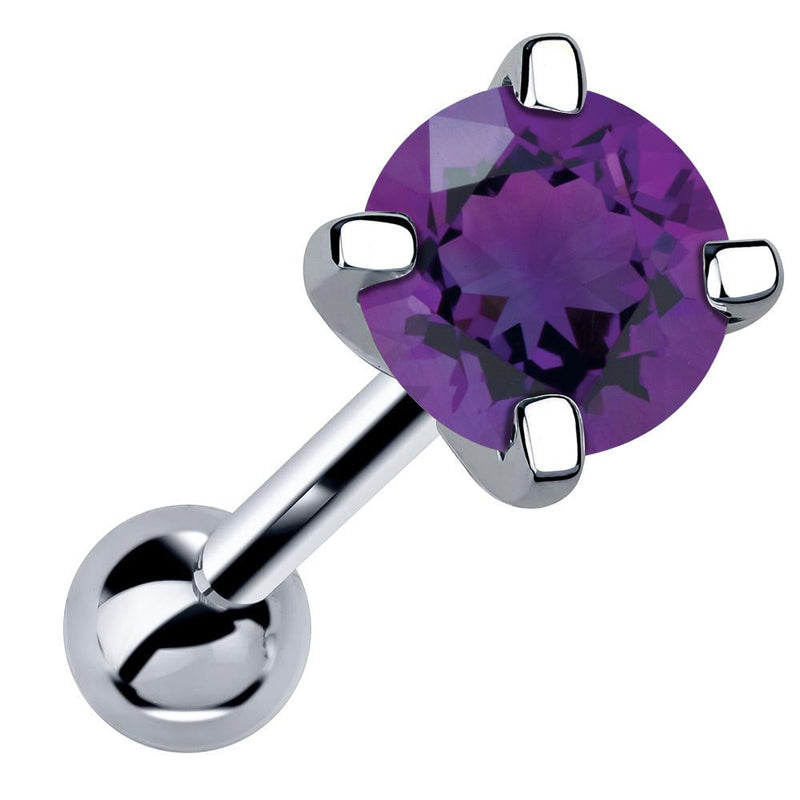 14k white gold 5mm genuine amethyst cartilage stud with deep purple stone, angled view