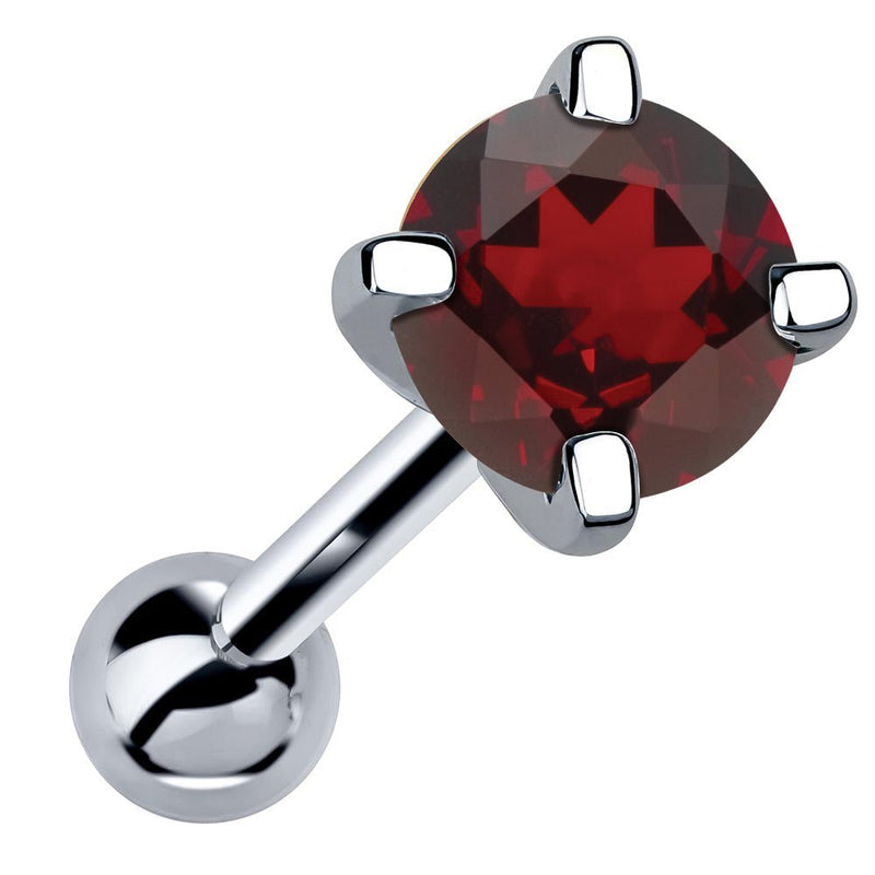 14k white gold 5mm genuine garnet cartilage stud with deep red stone, angled product view