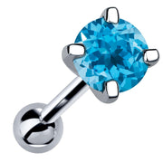 14k white gold 5mm genuine blue topaz cartilage stud with bright teal stone, angled view