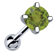 14k white gold 5mm genuine peridot cartilage stud with lime green stone, angled view