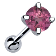 14k white gold 5mm genuine tourmaline cartilage stud with pink stone, angled product view