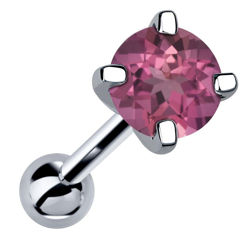 14k white gold 5mm genuine tourmaline cartilage stud with pink stone, angled product view