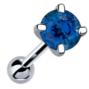 14k white gold 5mm genuine sapphire cartilage stud with deep blue stone, angled view