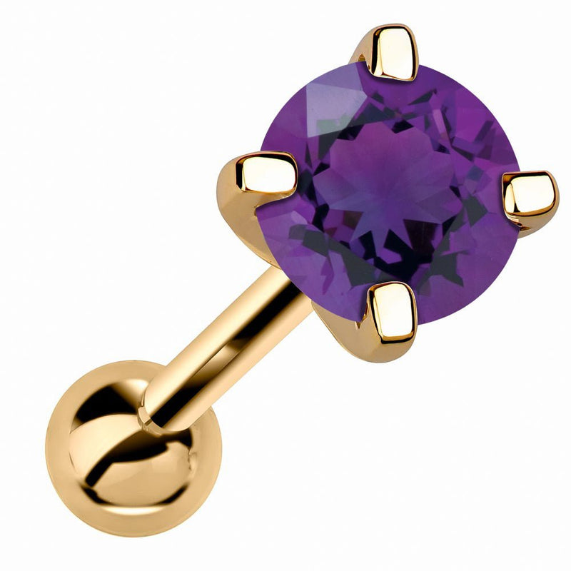 14k yellow gold cartilage stud with 5mm round-cut amethyst birthstone, angled product view