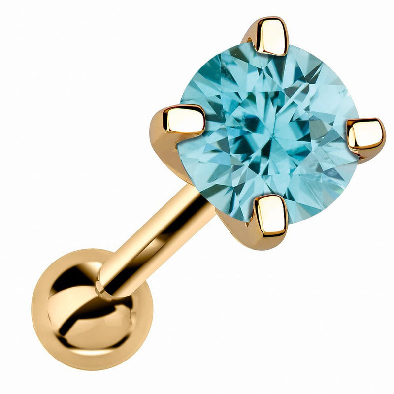 14k yellow gold cartilage stud with 5mm round-cut aquamarine birthstone, angled product view