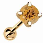 14k yellow gold 5mm genuine citrine cartilage stud with warm golden stone, angled view