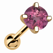 14k yellow gold 5mm genuine tourmaline cartilage stud with pink stone, angled product view