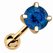 14k yellow gold 5mm genuine sapphire cartilage stud with deep blue stone, angled view